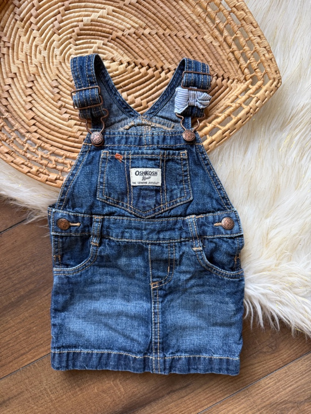Oshkosh B'gosh Denim Bib Overalls Dress W/ Ribbon Girls Size 18 Months